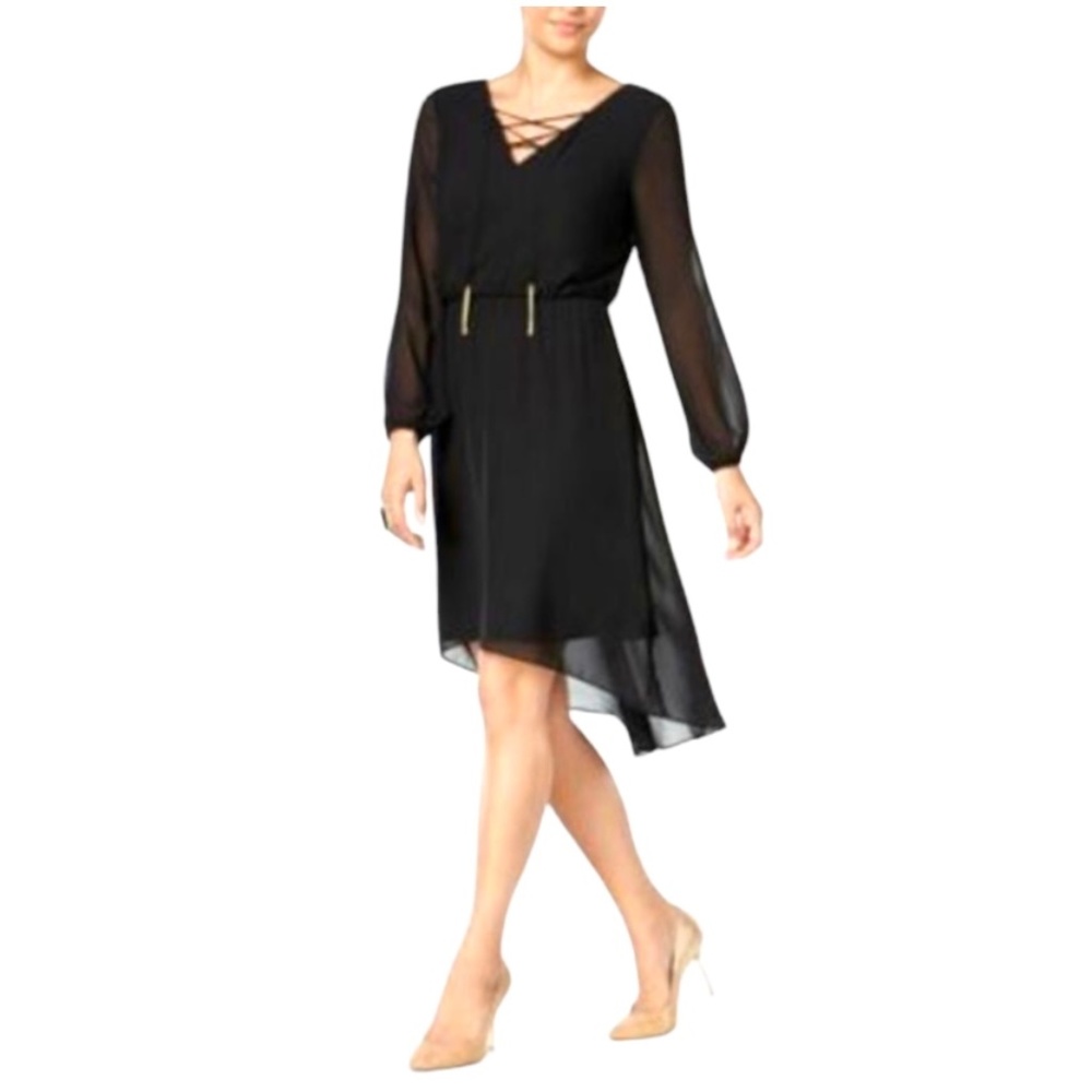COPY - Thalia Sodi Lace Up V-Neck Long Sheer Long Sleeve A-line Dress